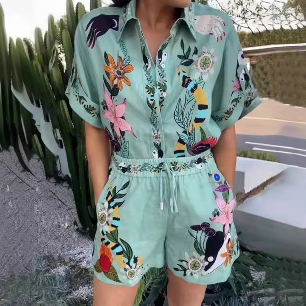 Zimmermann Floral Mint Short-Sleeve Two-piece set with Drawstring Waist